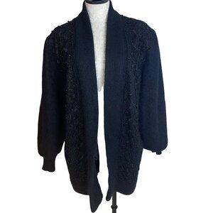 Gizel Vintage Womens Jacket Size L Black Lined Beaded Applique Lace Cardigan